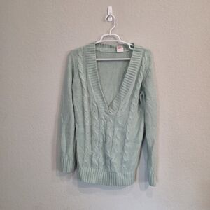 Faded Glory Mint Green Cable Knit V-Neck Sweater